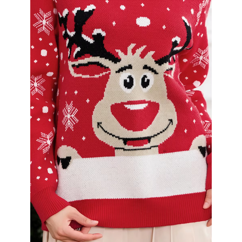 Schneeb - Weihnachtspullover mit Weinglas und Schneeflocken-Design, Damen Strickpullover