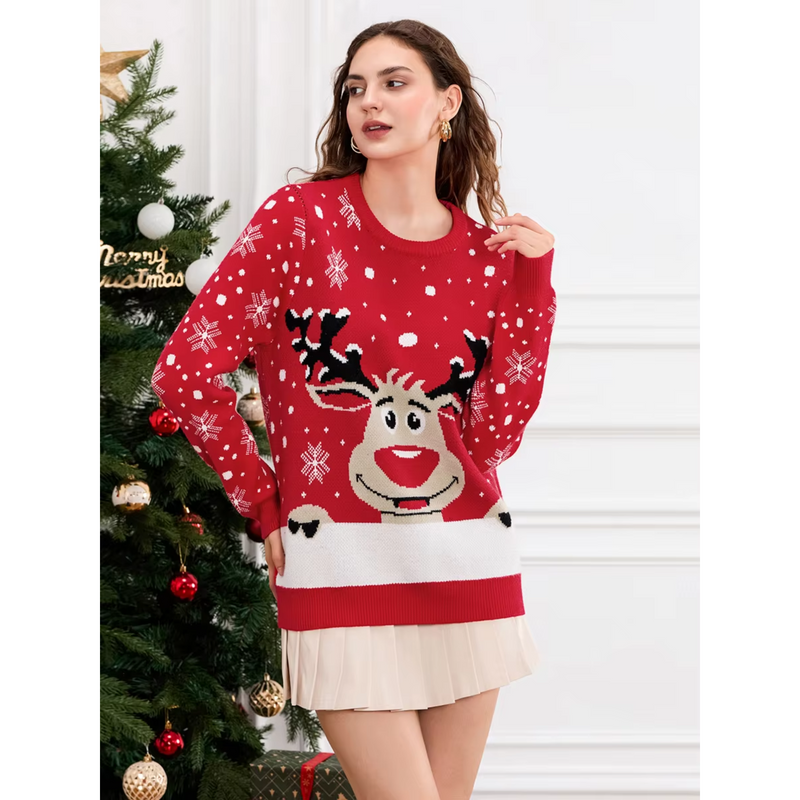 Schneeb - Weihnachtspullover mit Weinglas und Schneeflocken-Design, Damen Strickpullover