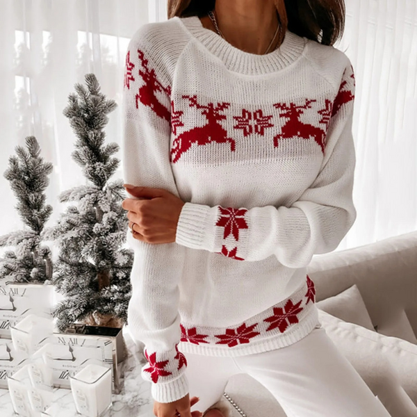 Lebkuch - Weihnachtspullover mit Rentier- und Schneeflocken-Muster, Damen Strickpullover