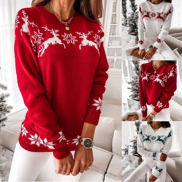 Lebkuch - Weihnachtspullover mit Rentier- und Schneeflocken-Muster, Damen Strickpullover