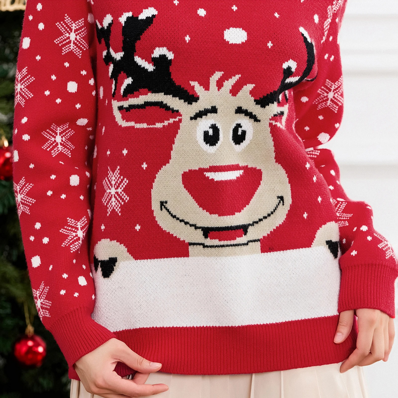 Schneeb - Weihnachtspullover mit Weinglas und Schneeflocken-Design, Damen Strickpullover