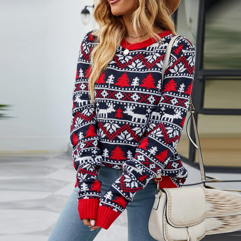 Glanzro - Weihnachtspullover mit lustigem Rentier-Motiv, Damen Strickpullover