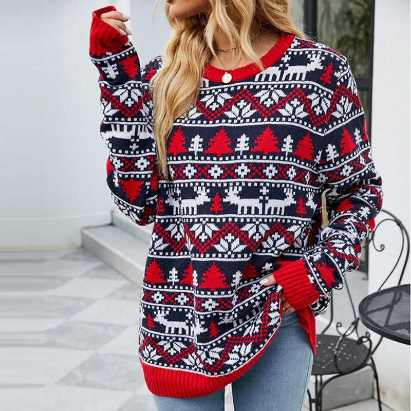 Glanzro - Weihnachtspullover mit lustigem Rentier-Motiv, Damen Strickpullover