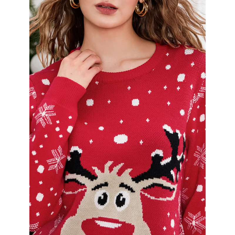 Schneeb - Weihnachtspullover mit Weinglas und Schneeflocken-Design, Damen Strickpullover